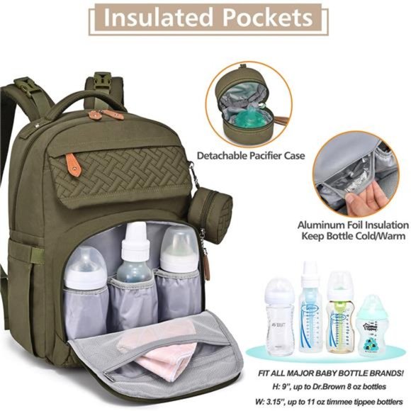Diaper Bag Backpack with Changing Pad, Multifunction Waterproof Bag, Army Green - Picture 3 of 6
